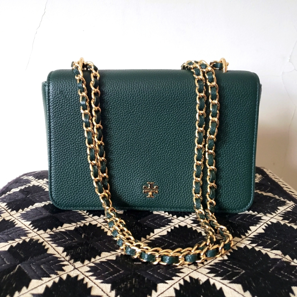 Tory Burch "Carter" Hunter Green Pebbled Leather Chain Strap Crossbody Flap Bag